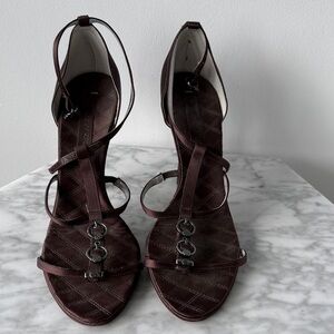 BCBG Dark Brown Strappy T‑Bar Heeled Sandals